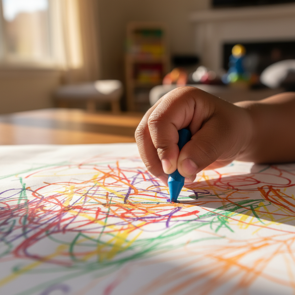 Toddler making colourful marks on paper with crayons